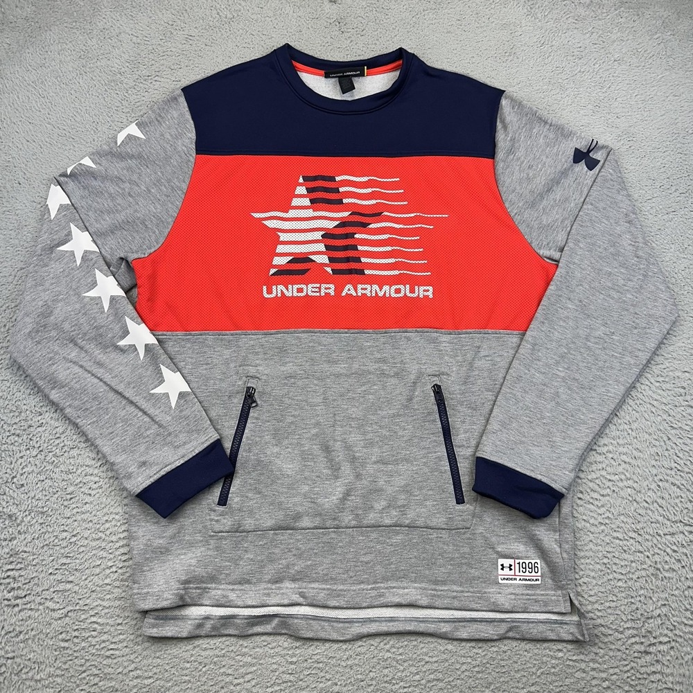 Under Armour Mens XL Pullover Crewneck Sweatshirt 1996 Stars Patriotic Gray Red